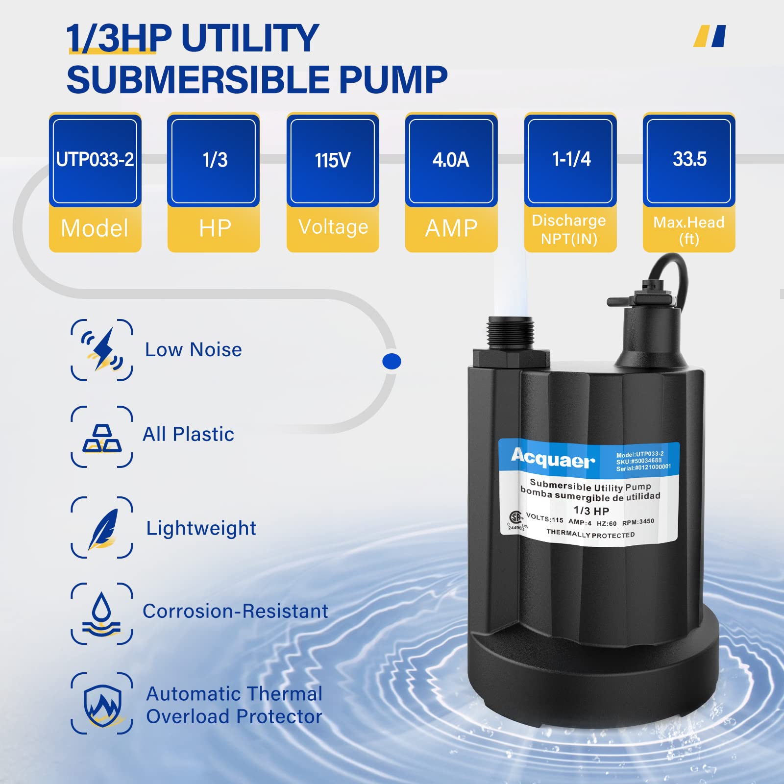 Acquaer 1/3 HP Submersible Water Pump 2160 GPH - Acquaer