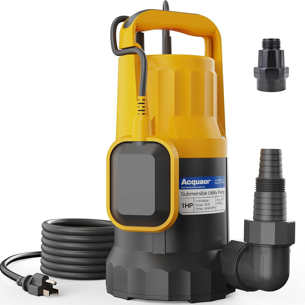 Acquaer 1 HP Submersible Utility Pump: 4345 GPH, Auto Float Switch