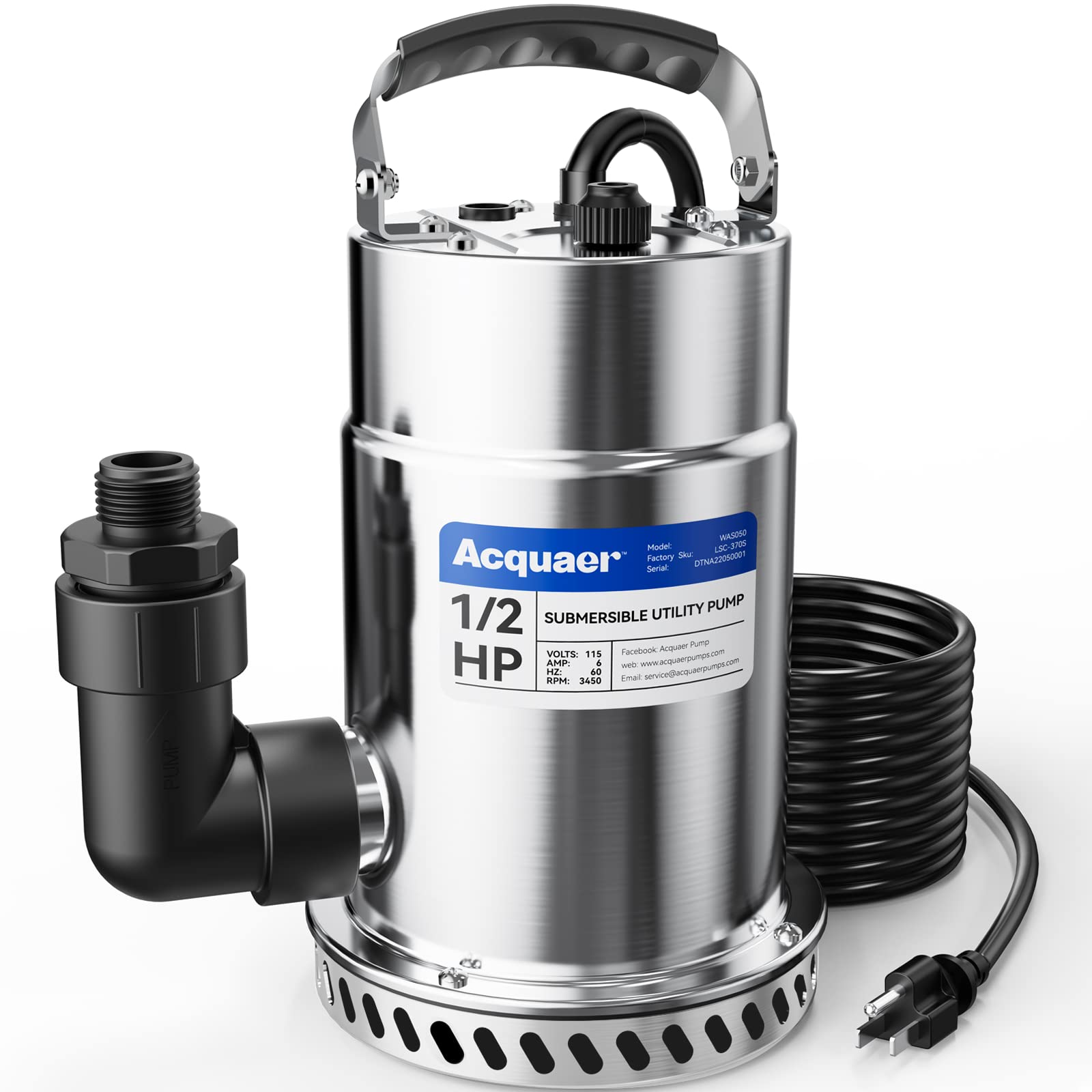 Acquaer 1/2HP Submersible Utility Pump, 3030 GPH - Acquaer