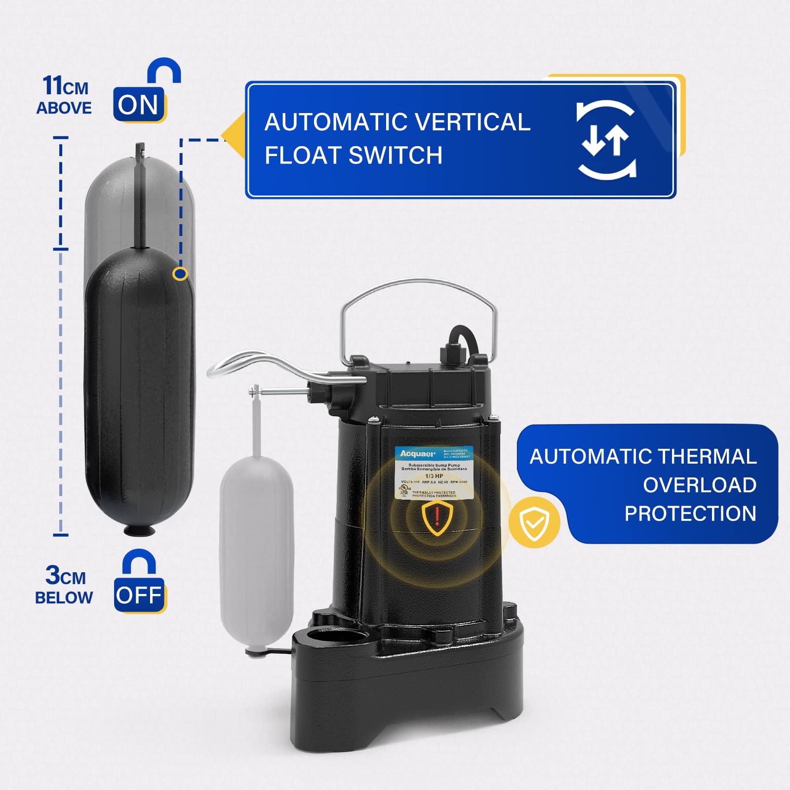 Acquaer 1/3 HP Submersible Sewage/Effluent Pump,3680 GPH - Acquaer