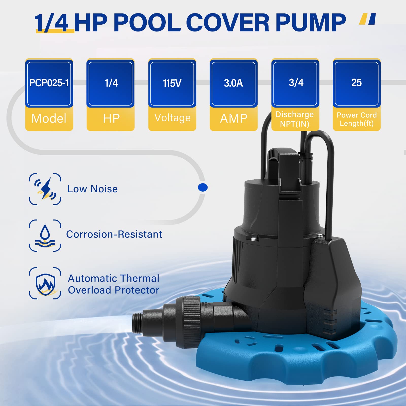 Acquaer 1/4 HP Automatic Swimming Pool Cover Pump, 2250 GPH - Acquaer
