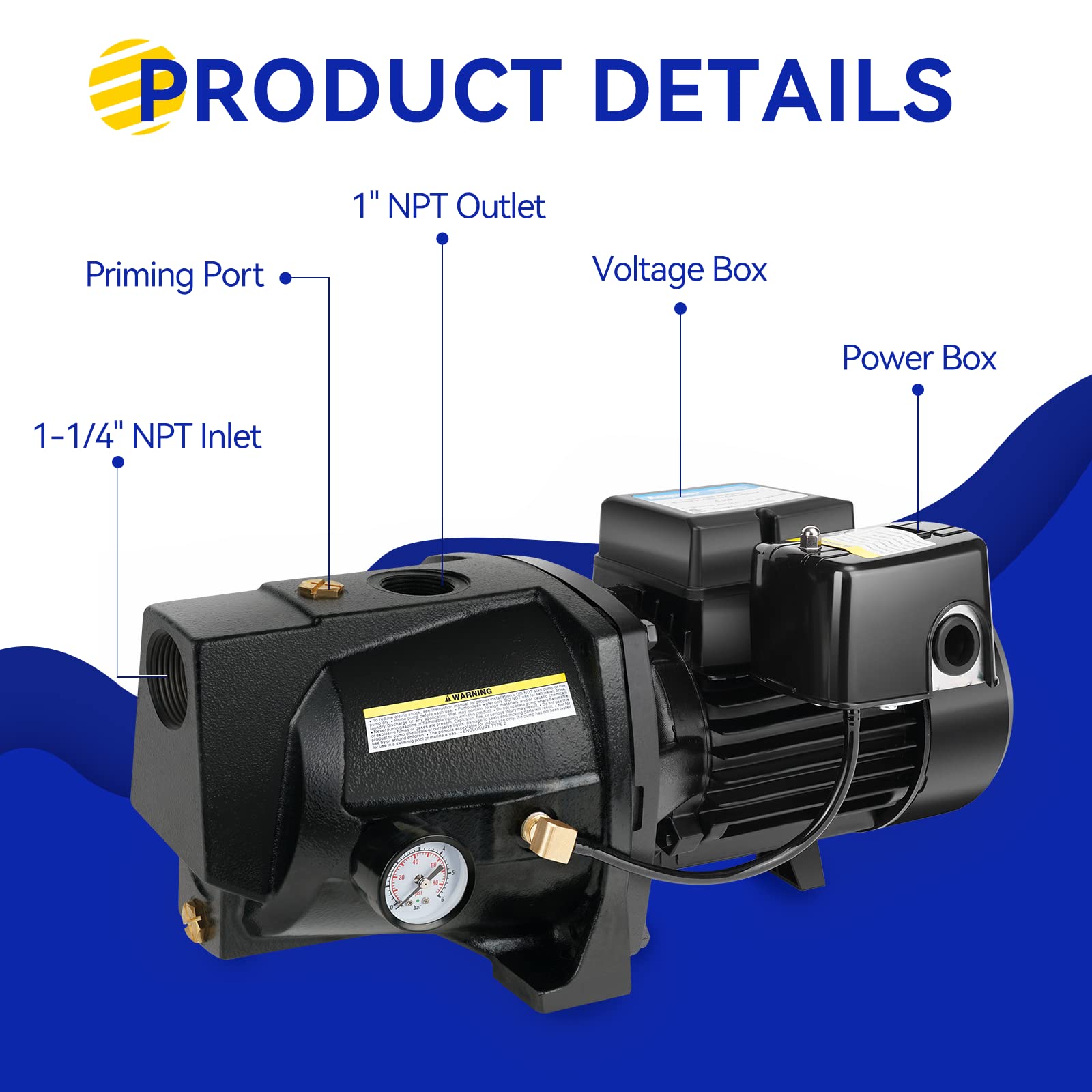 Acquaer 1HP Shallow Well Jet Pump, Well Depth Up to 25 ft - Acquaer