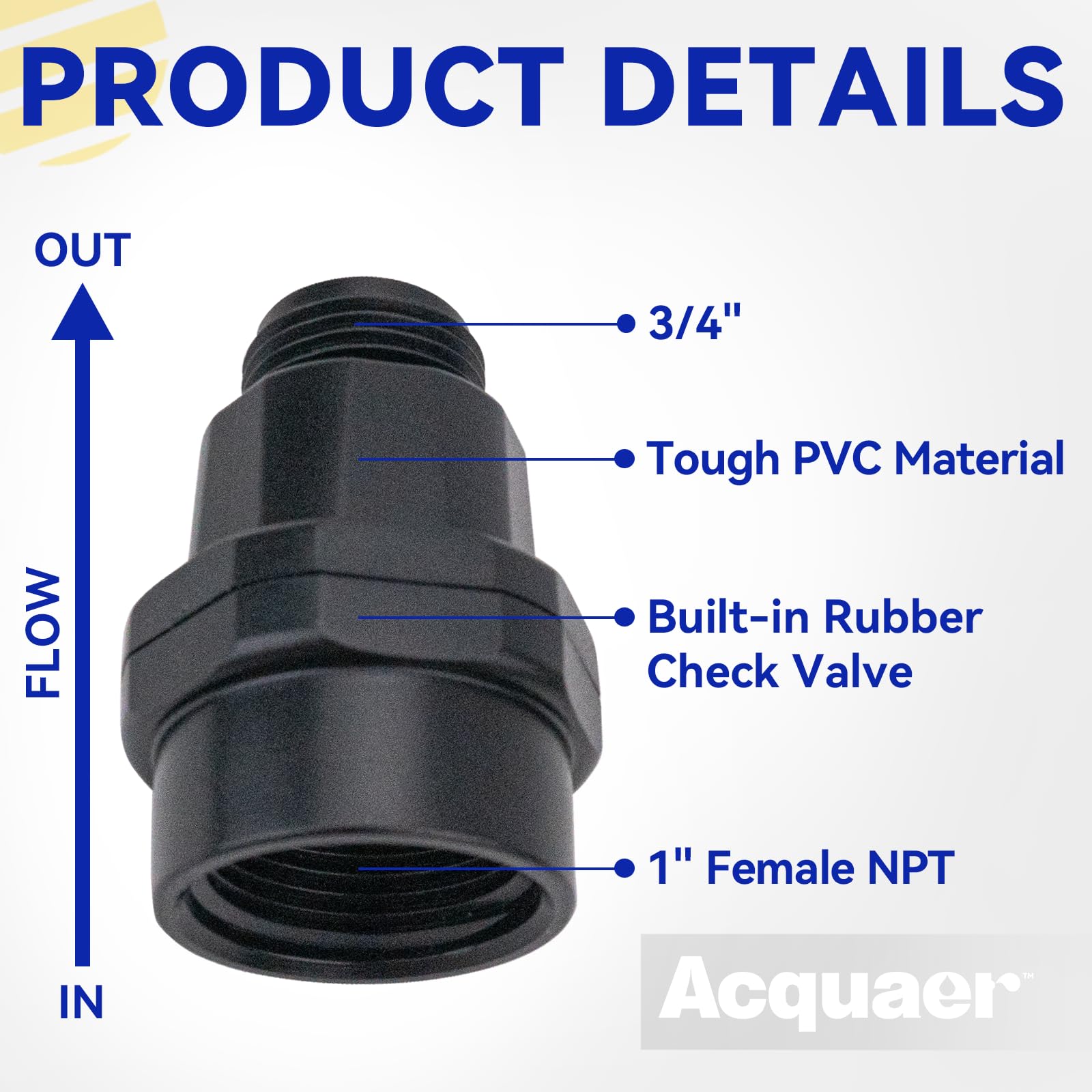 Acquaer 3/4'' NPT x 1'' NPT Adapter for sump pump, built-in check valve - Acquaer