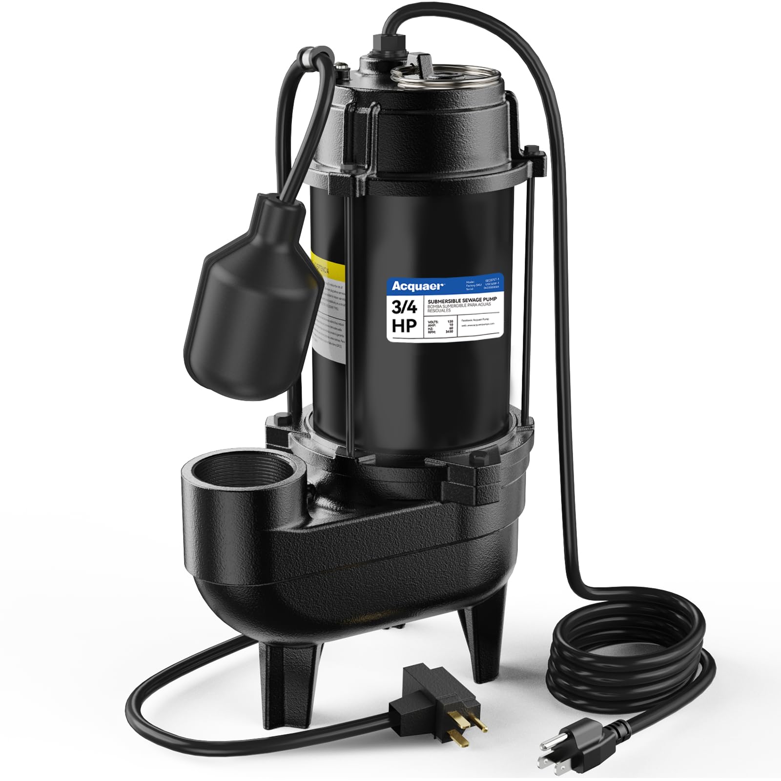 Acquaer 3/4HP Submersible Sewage/Effluent Pump, 6400 GPH - Acquaer