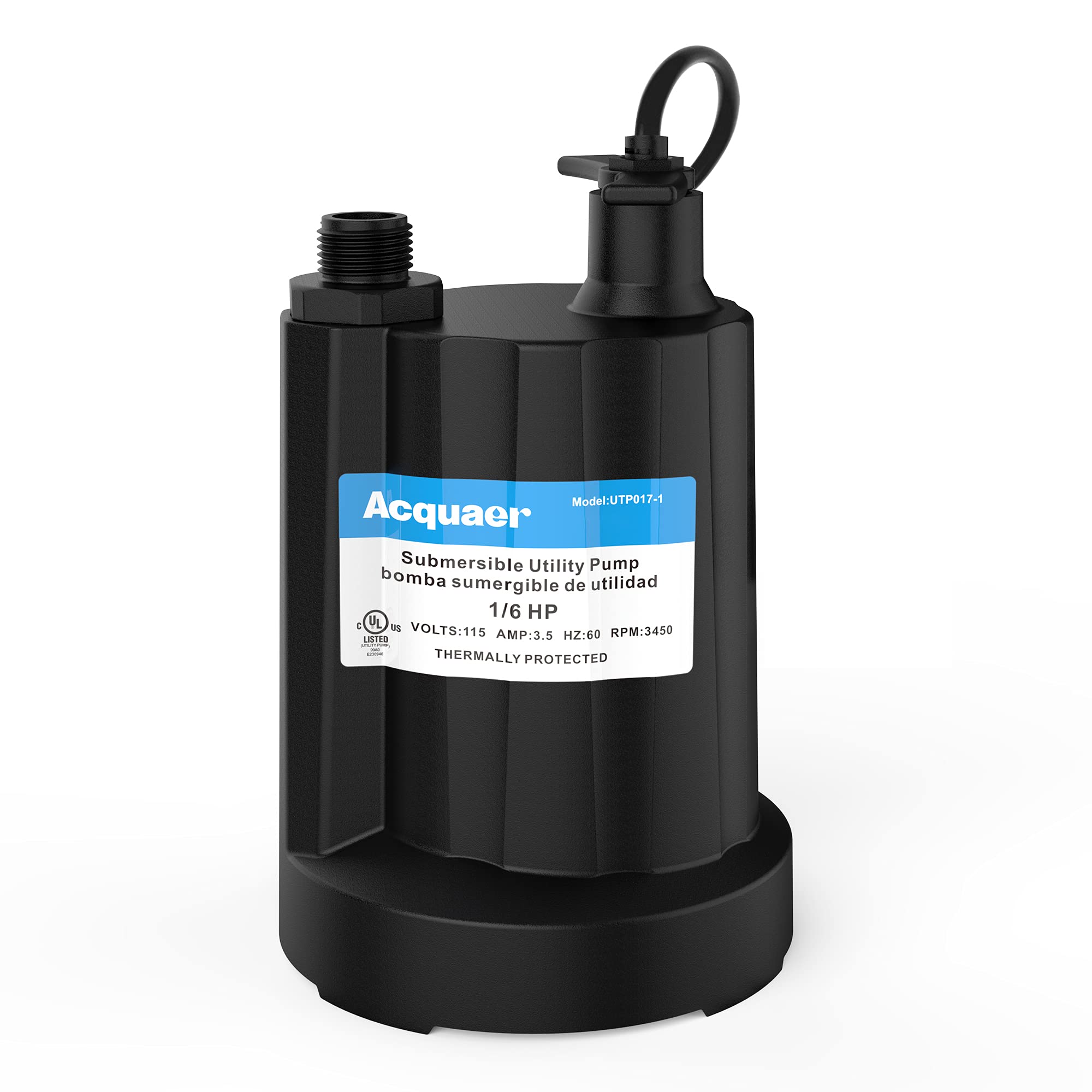 Acquaer Submersible Water Pump 1/6 HP, 1750 GPH with 10 ft Cord - Acquaer